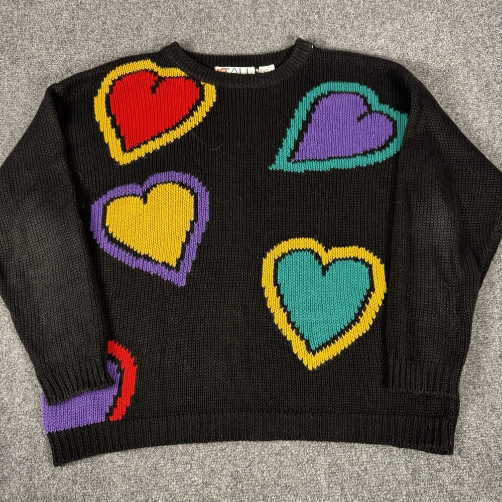 Vtg 80s 90s On Call Heart Knit Sweater Womens M Black Kidcore Pop Art Boxy